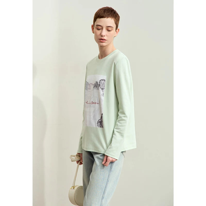 Damen T-Shirt im Minimalismus-Stil mit Kunstdruck und Stickerei für den Herbst