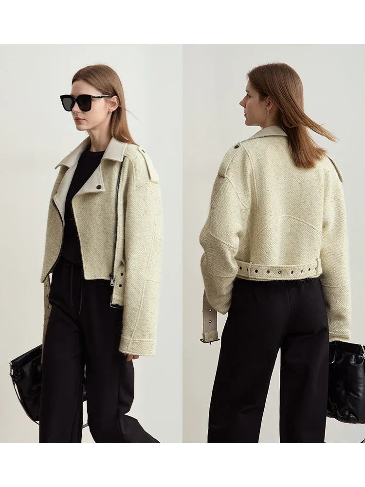 Damen Wollmantel im Minimalistischen Lokomotiv-Stil mit Gürtel und Schräge Knopfleiste