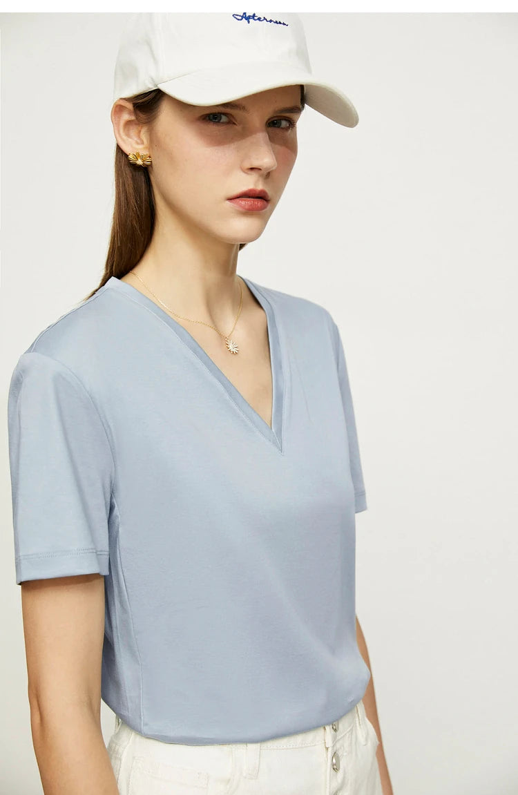 Damen Tops im Minimalismus-Stil mit V-Ausschnitt und kurzen Ärmeln