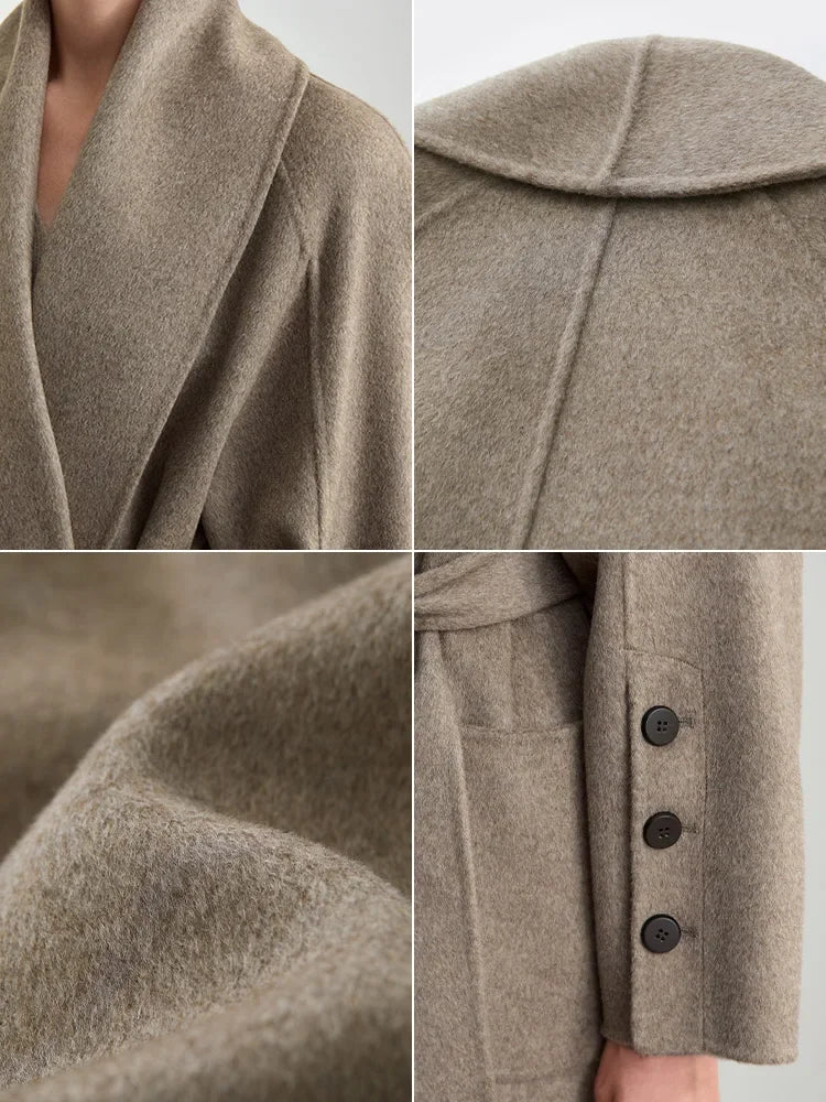 Damen Wollmantel im minimalistischen Stil mit Gürtel und Taschen