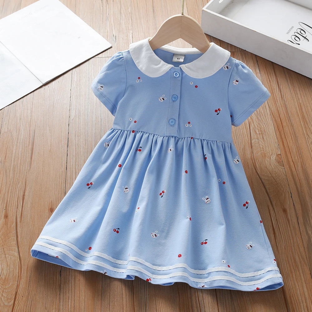 Baby Mädchen Sommerkleid Kurzarm Umlegekragen Baumwollkleidung für Mädchen im Alter von 2–6 Jahren Kinderkleider