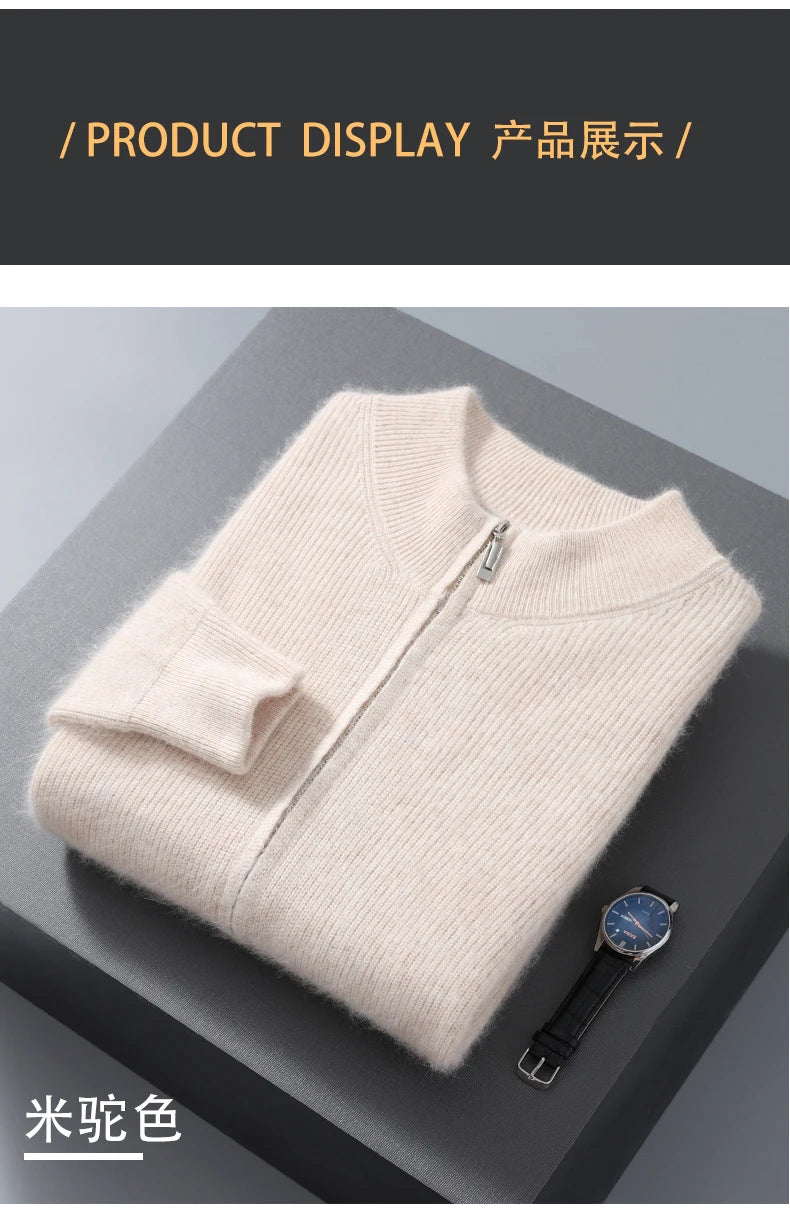 Pullover aus 100 % reinem Nerz-Kaschmir für Herren, Stehkragen, verdickte Strickjacke, Herbst/Winter, warm, lässig, gestrickt, große Oberteile mit Reißverschluss