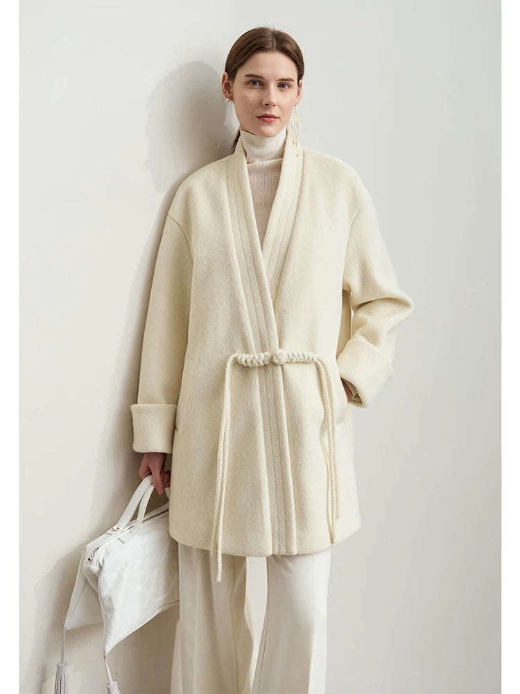 Damen Wollmantel im minimalistischen Neo-Chinesischen Stil mit V-Ausschnitt und Taschen