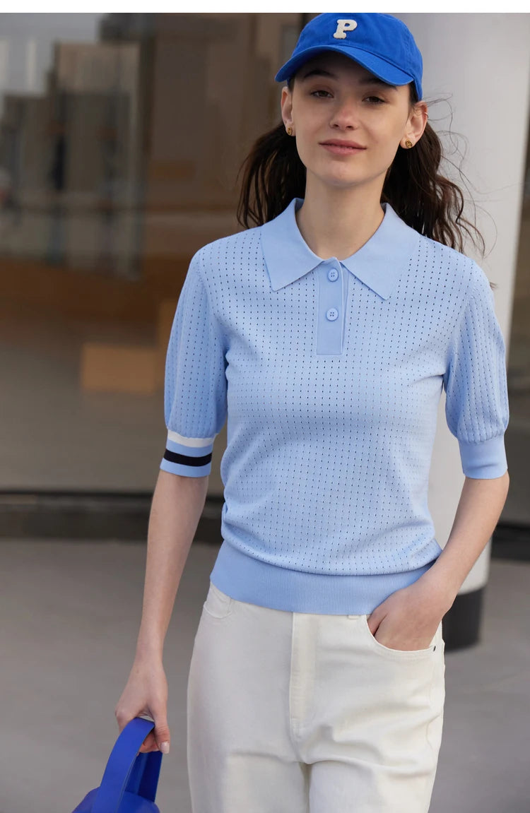 Damen Pullover im Minimalismus-Stil mit Polo-Ausschnitt und Kontrastfarben