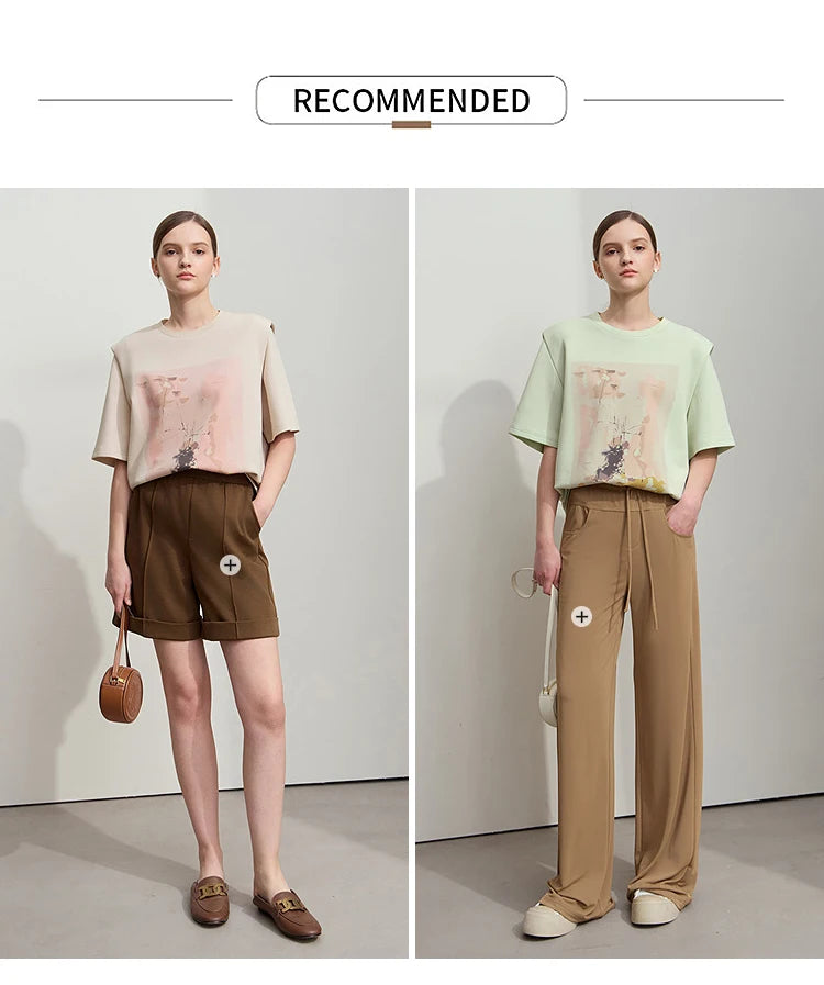 Damen T-Shirt im minimalistischen Stil mit lässigem O-Ausschnitt und Kunstdruck