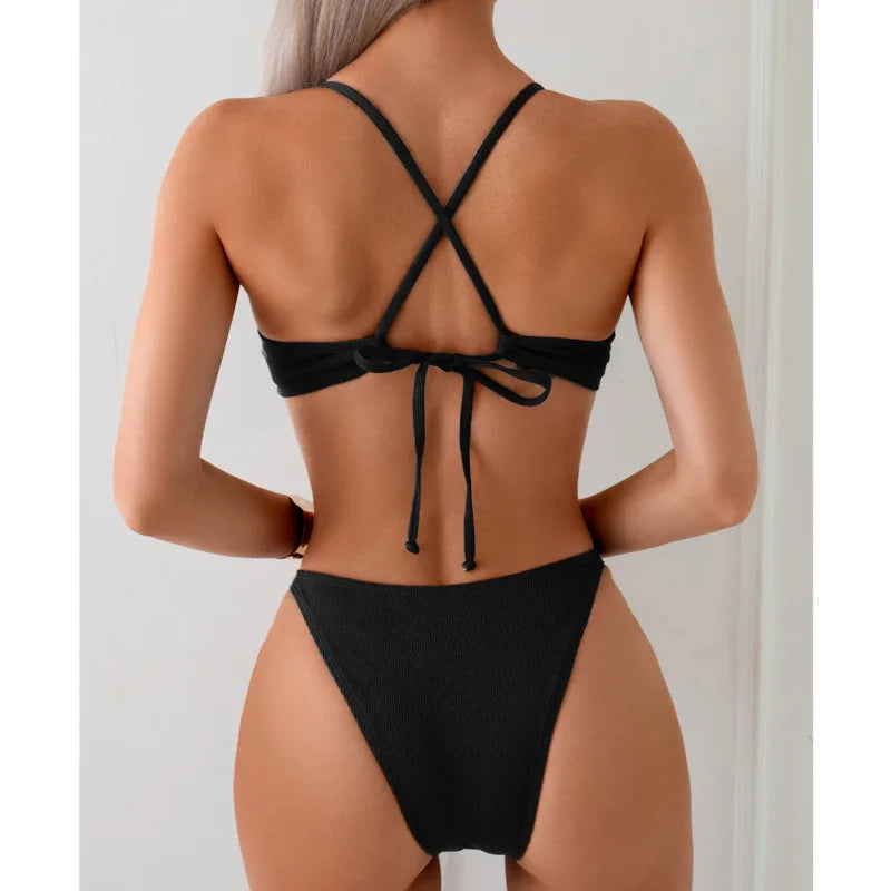 Einfarbiger verführerischer Bikini für Damen – Badeanzug im brasilianischen Stil für Strand und Pool