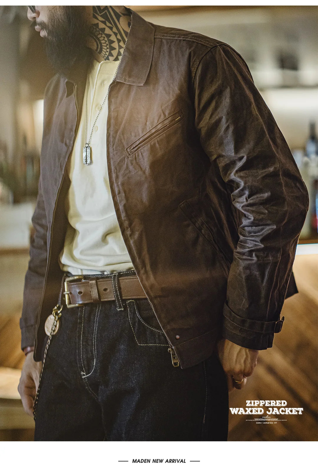 Herren Jacke Vintage IV Oil Waxed Canvas Revers Reißverschluss Taschen