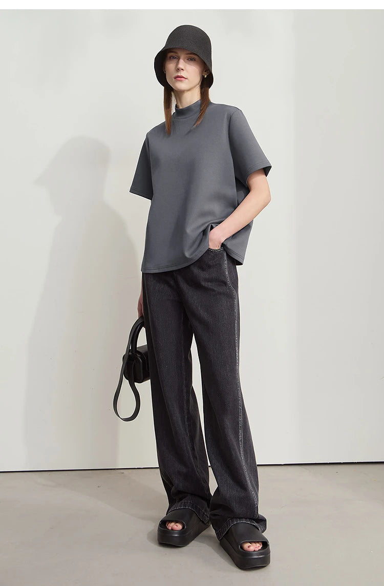 Damen Casual T-Shirt mit Gedrucktem Rollkragen und Kurzarm für den Sommer