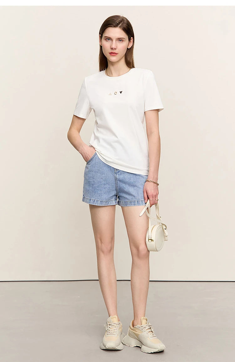 Damen T-Shirt mit O-Ausschnitt und geometrischer Dekoration aus antibakterieller Baumwolle