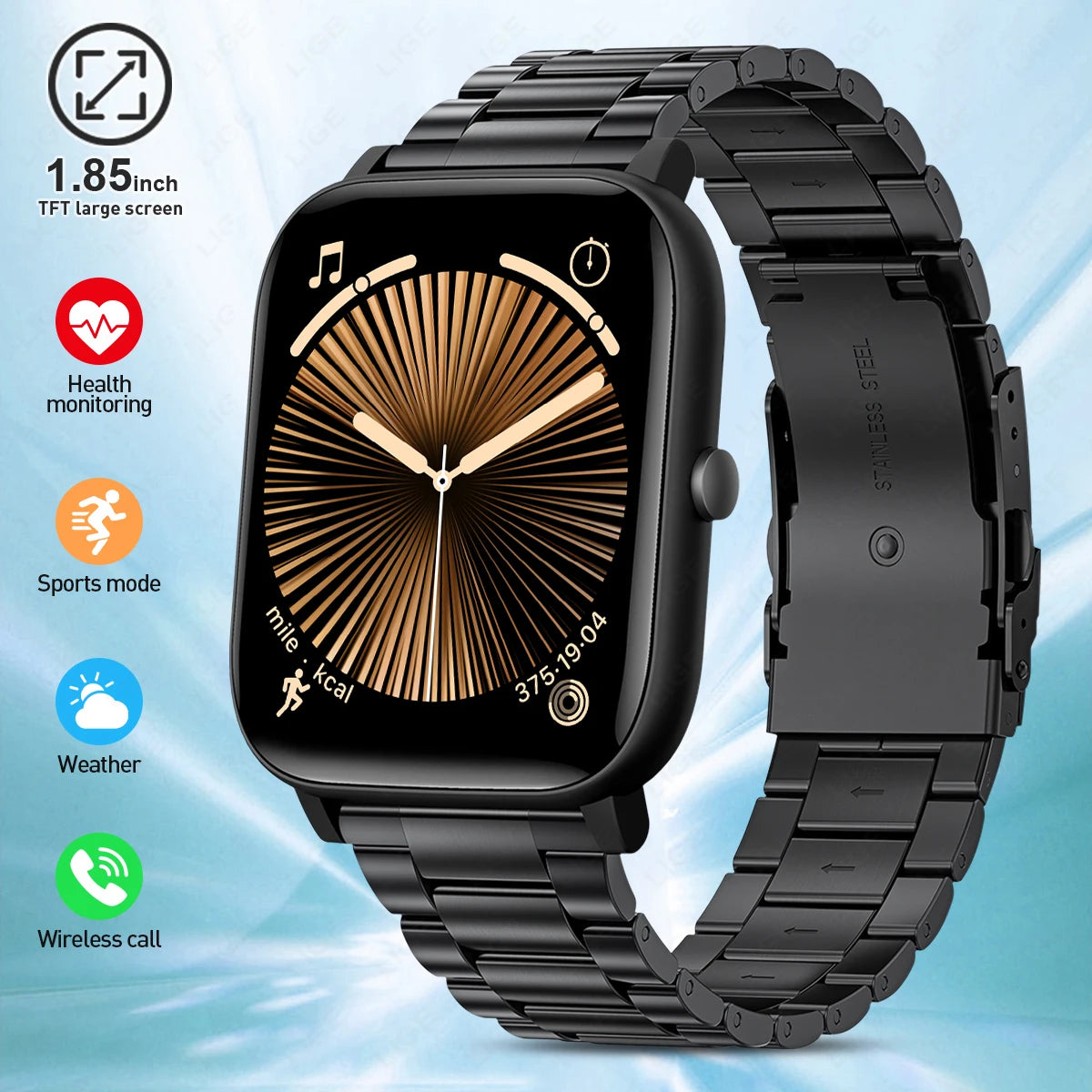 LIGE Modische Smartwatch für Damen, 1,85 Zoll HD-Bildschirm, individuelles Zifferblatt, Herren-Gesundheitsmonitor, Uhr, Bluetooth-Anruf, Sport-Smartwatches