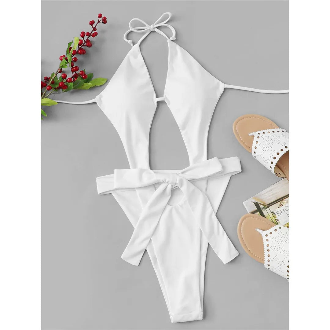 Damen Badeanzug Cut-Out Neckholder Trikini hoher Beinausschnitt Monokini gepolstert