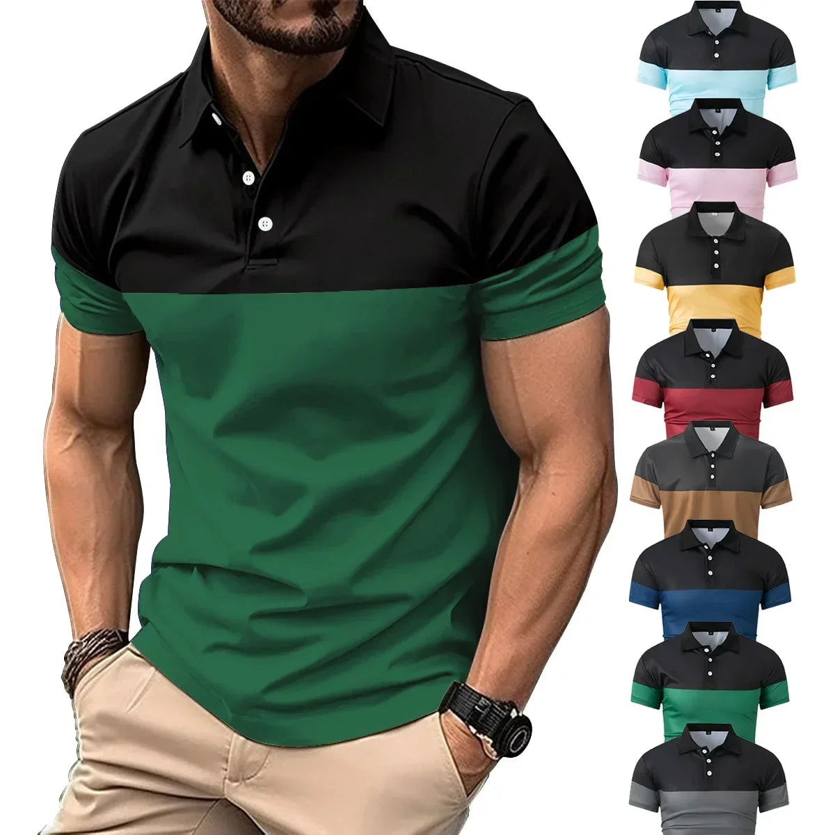 Lässiges Herren-Poloshirt mit digitalem Farbpatch-Druck und Reißverschluss am Kragen – ideal für den Sommer.
