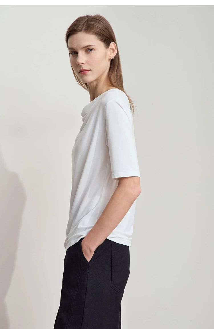 Damen T-Shirt mit drapierter Kragen- und besticktem Design aus modalem Strick