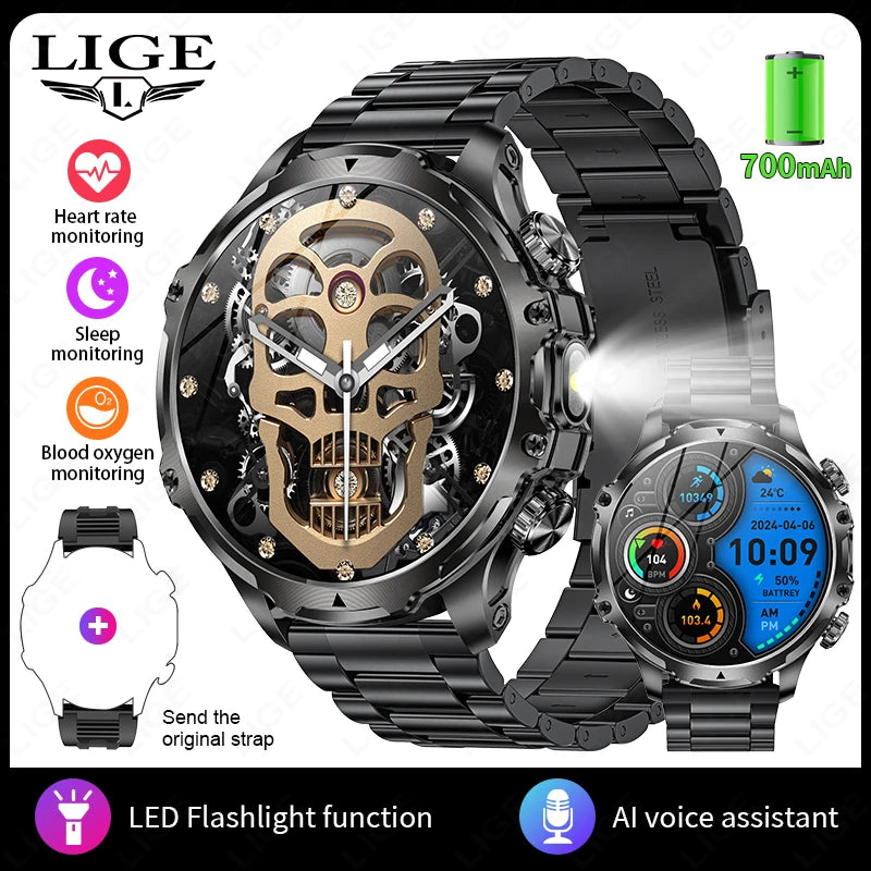 Herren Smartwatch für Outdoor-Sport mit wasserdichter Bluetooth-Funktion und LED-Taschenlampe