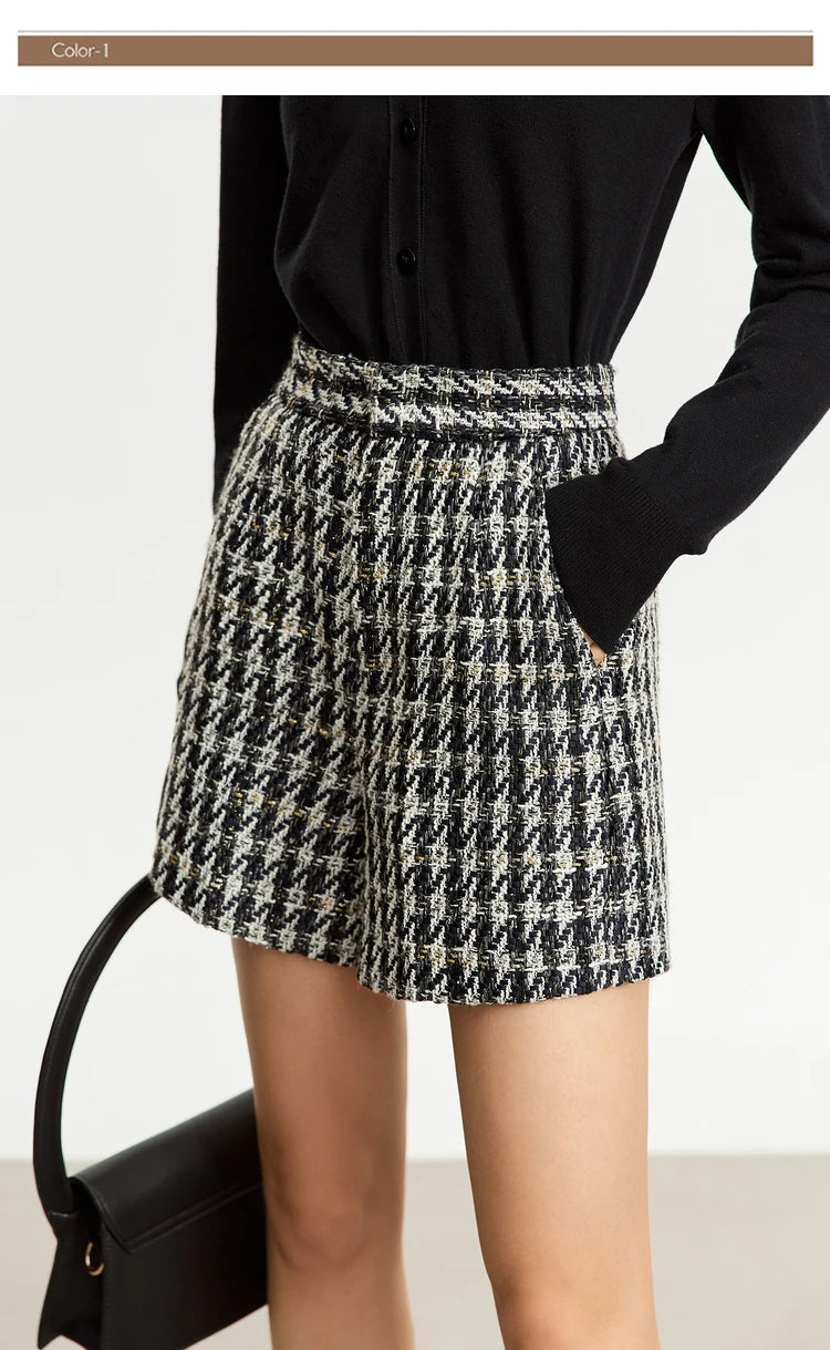 Damen Shorts im Retro-Stil mit kariertem Patchwork und Taschen