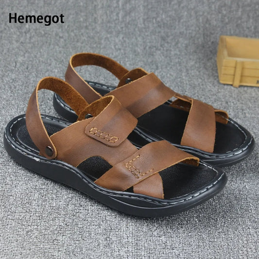 Men's Sandals Genuine Leather Beach Shoes Handmade Sandals and Slippers Top Layer Cowhide Outerwear Dual-Use Men's Slippers