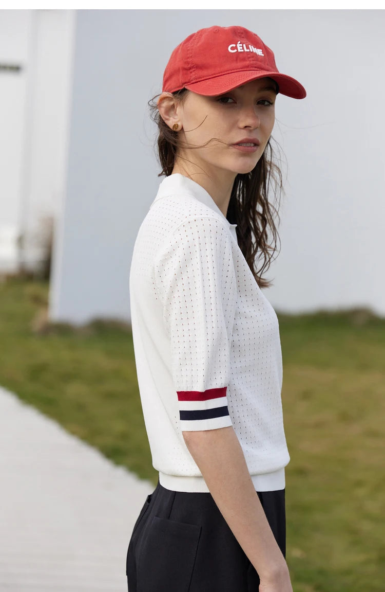 Damen Pullover im Minimalismus-Stil mit Polo-Ausschnitt und Kontrastfarben