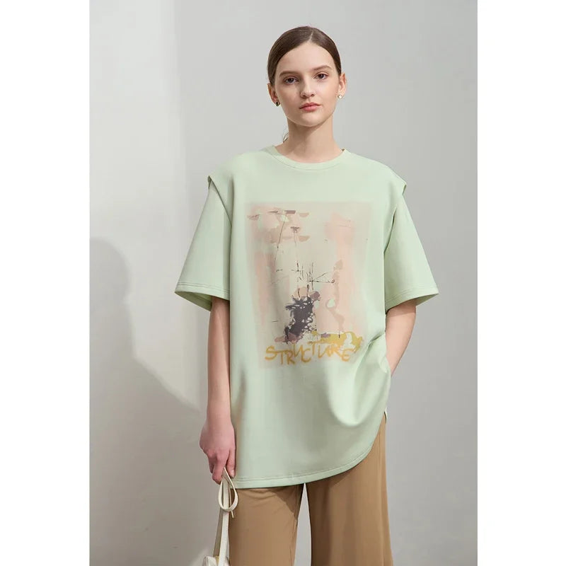 Damen T-Shirt im minimalistischen Stil mit lässigem O-Ausschnitt und Kunstdruck