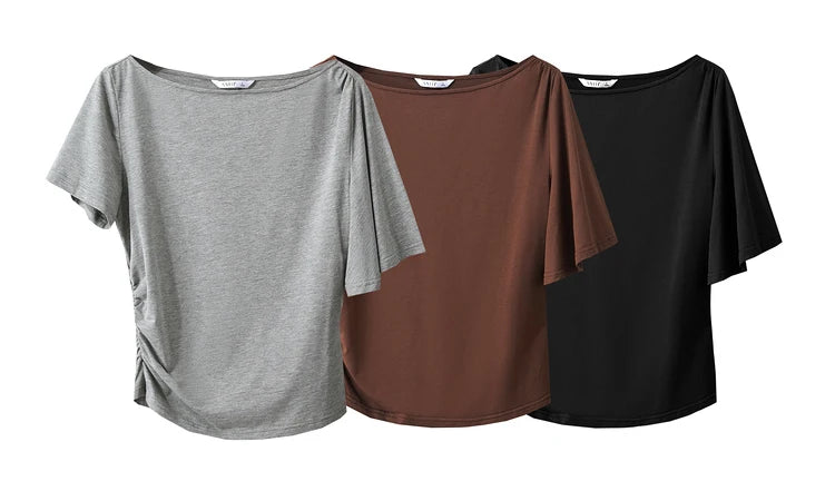 Damen T-Shirt im Minimalismus-Stil mit asymmetrischem Slash Neck und Raffen