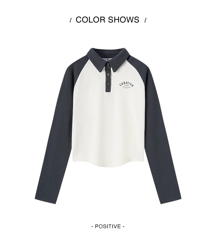 Semir Poloshirt für Damen, kurzer Stil, schmal, farbblockiert, Raglanärmel, 2024, Frühjahr, neues Oberteil mit Buchstabendruck