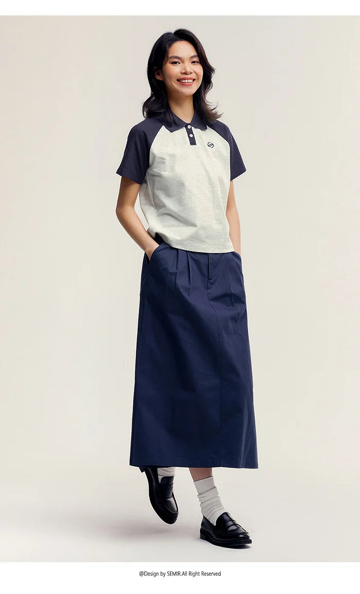 Semir Frauen Polos hirt Sommer neue Farbe Blocking Schulter fallende Ärmel American Retro Top strukturierte Kleidung Trend