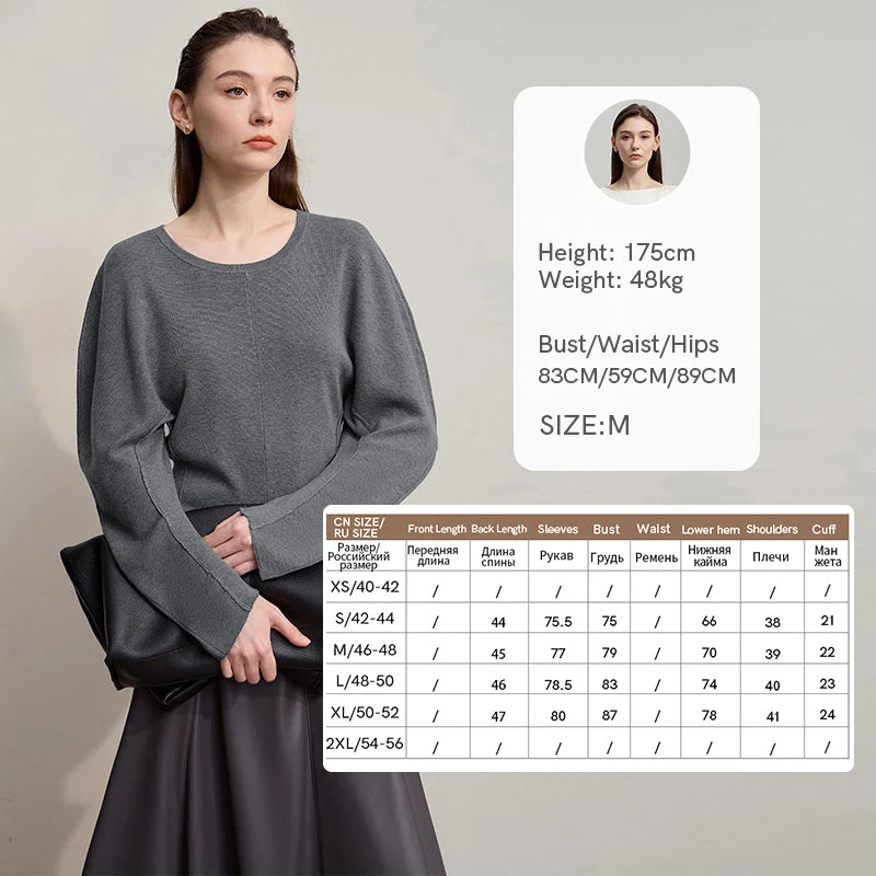 Grau melierter Langarm-Strickpullover mit Rundhalsausschnitt, einfarbig, weiche Strickware