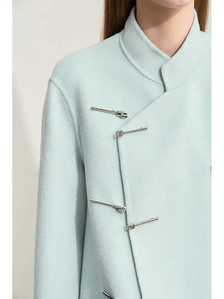 Damen Langer Mantel aus Wolle im minimalistischen chinesischen Stil mit Taschen