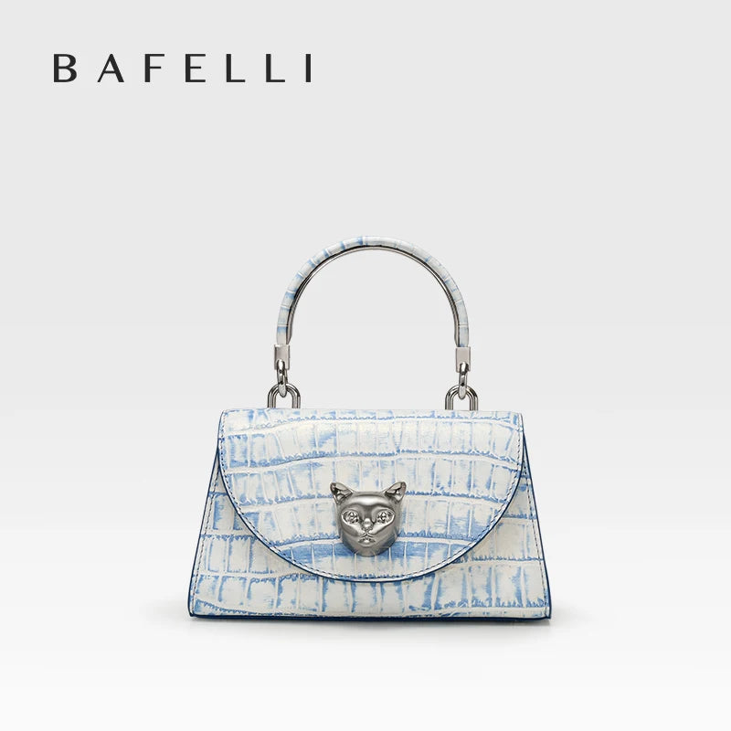 BAFELLI Damenhandtasche aus Leder, blau, Tragehenkel, Klappverschluss mit Katzen-Detail
