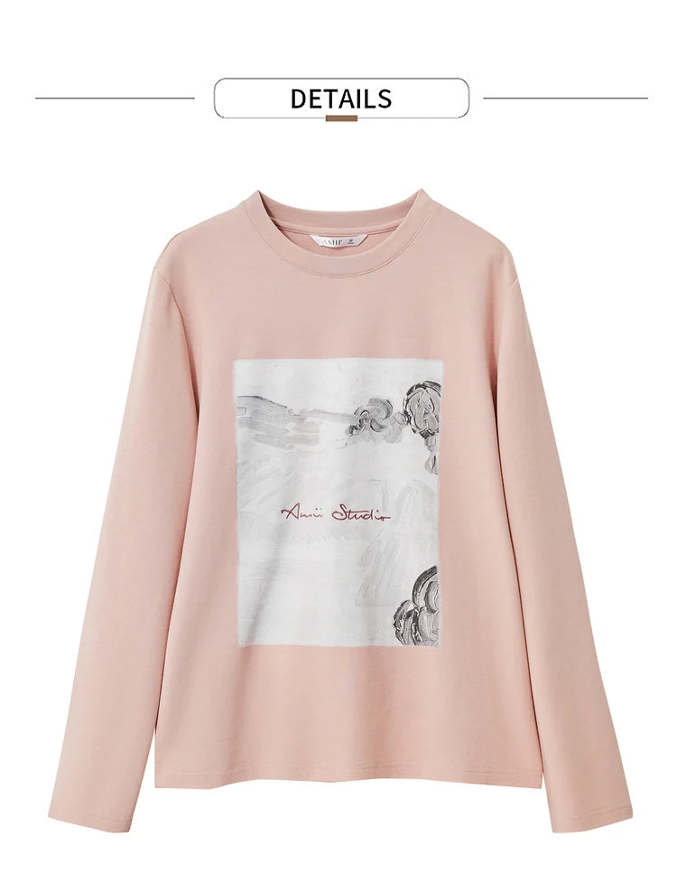 Damen T-Shirt im Minimalismus-Stil mit Kunstdruck und Stickerei für den Herbst