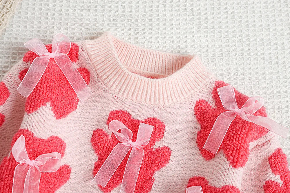 Mädchen Outfit Set mit süßem Bär Bogen Pullover und Mesh Rock