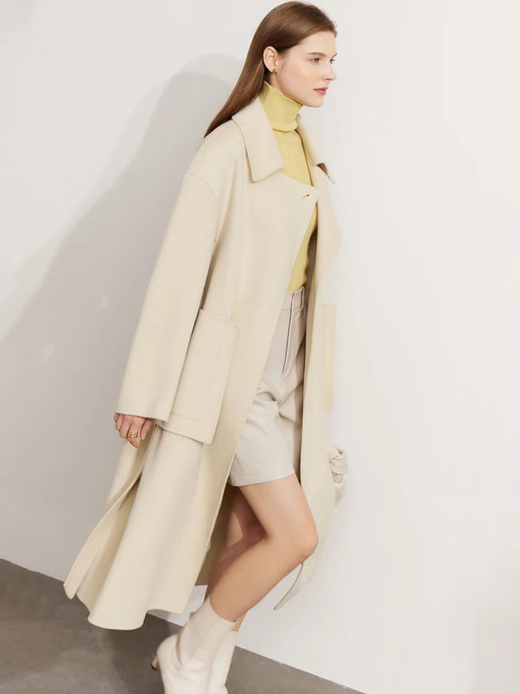 Frauen Mantel aus 100 Prozent Wolle im eleganten Koreanischen Stil mit Gürtel