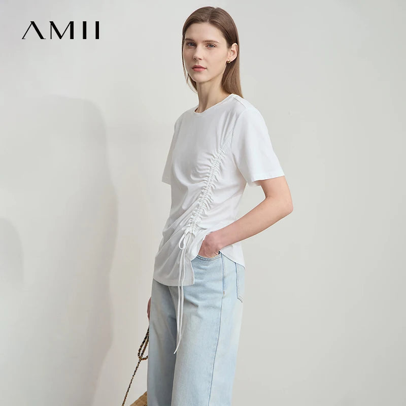 Damen Sommer T-Shirt mit Rundhals und Kordelzug in lässiger Form