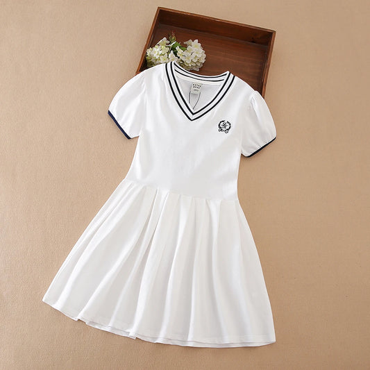 Weißes Sommerkleid für Mädchen, V-Ausschnitt, Polo-Plisseekleid für die Schule, 5–12 Jahre, Mädchenkleidung