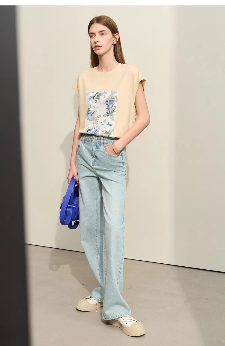 Damen T-Shirts im Minimalismus-Stil mit lässigem O-Neck und Blumen-Druck