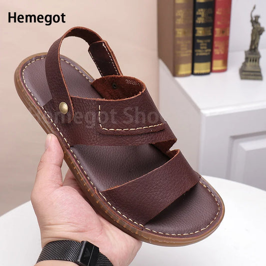Summer New Men's Leather Sandals Casual Comfortable Breathable Soft Bottom Soft Surface Beach Two-Use Outdoor Sandals