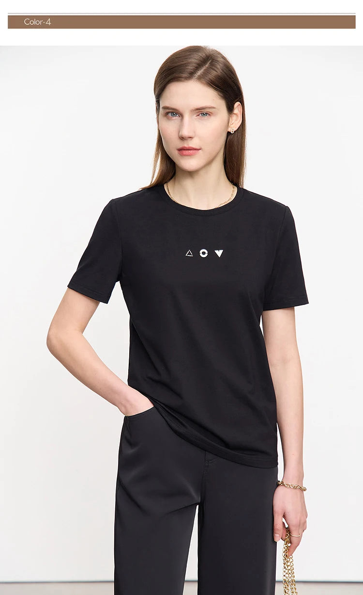 Damen T-Shirt mit O-Ausschnitt und geometrischer Dekoration aus antibakterieller Baumwolle