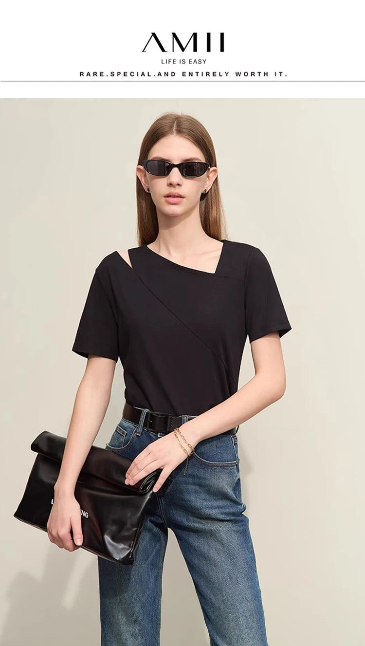 Damen T-Shirts im Minimalismus-Stil mit asymmetrischem V-Ausschnitt und kurzen Ärmeln