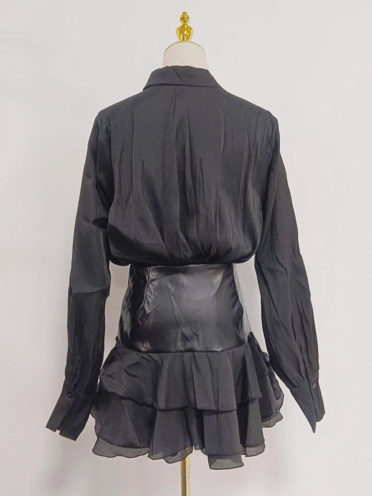 Farbblock-Spitzen-Jumpsuit für Damen mit Reverskragen und langen Ärmeln – Patchwork-Design und figurbetonte Passform.