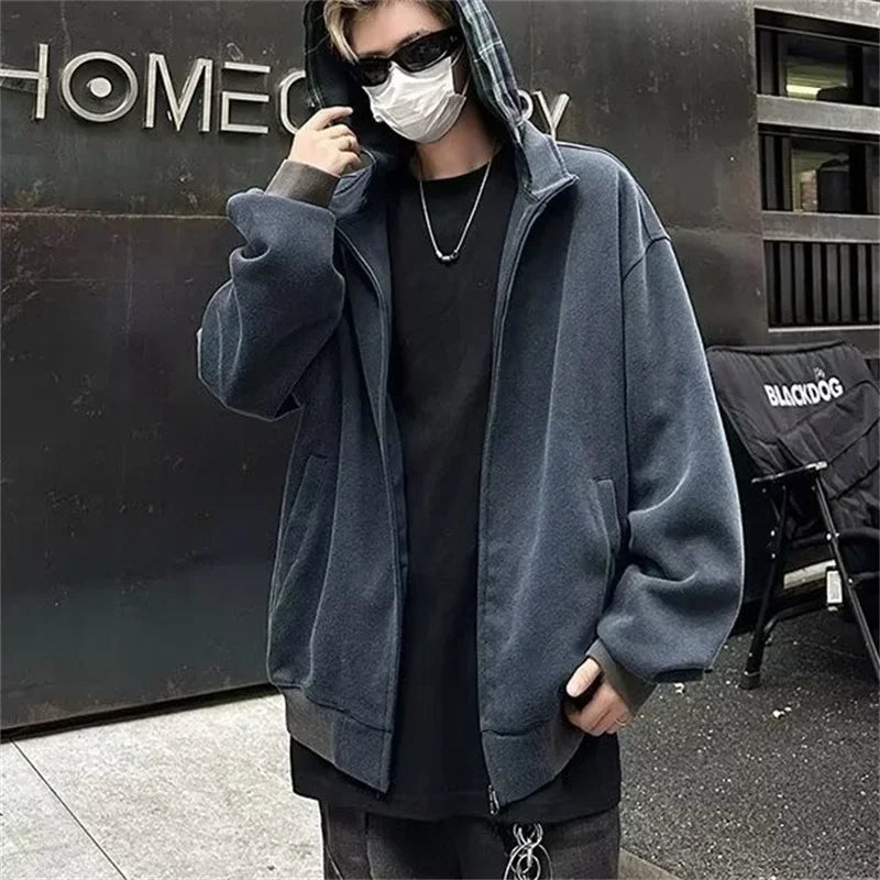 Herbst Plaid Zipper Mit Kapuze Sweatshirts Für Männer Y2K Vintage Streetwear Patchwork Jacken Weibliche Harajuku Mode Hoodies Mäntel