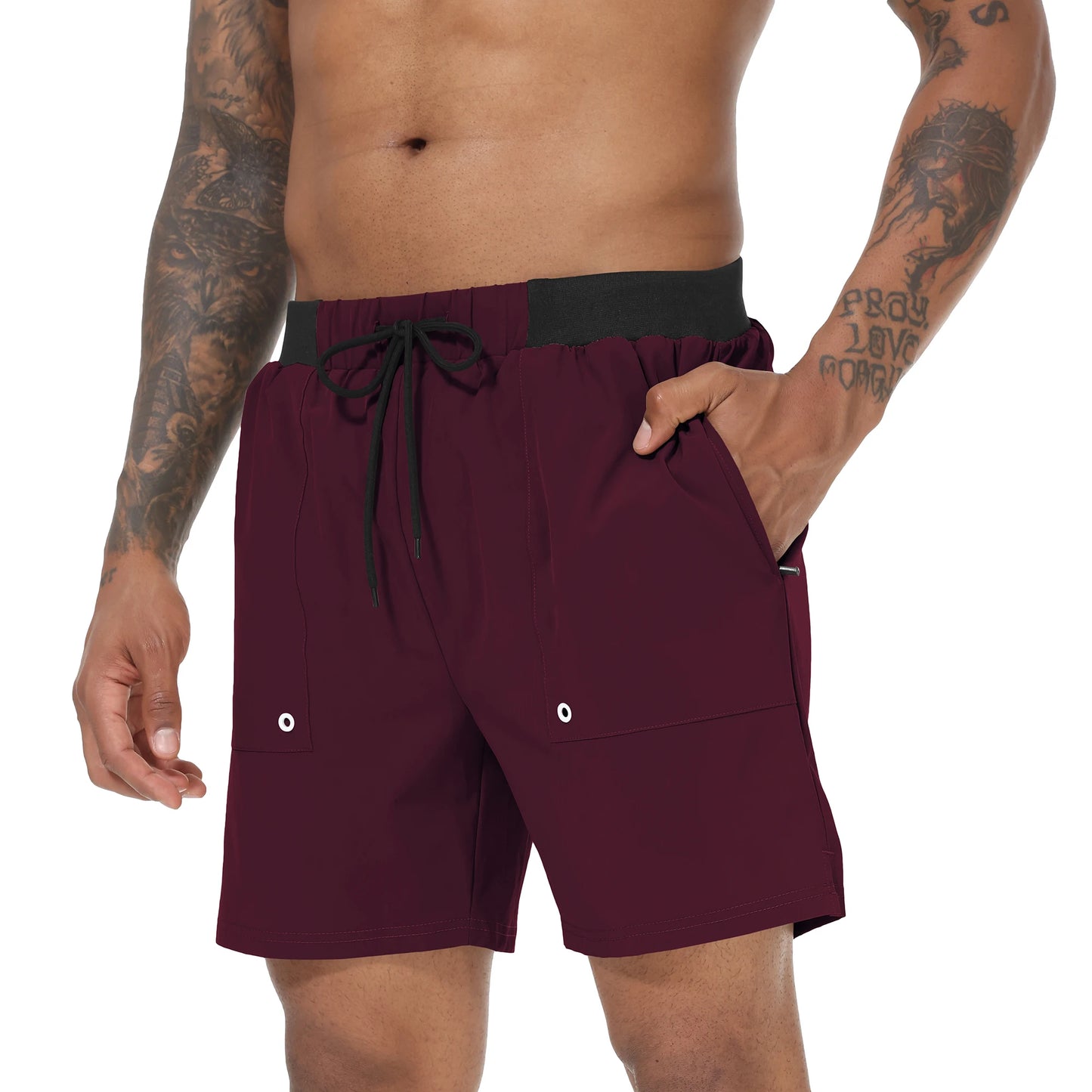 Sommerliche Herren-Badeshorts mit Camouflage-Streifen, schnelltrocknend, mit Reißverschlusstaschen und Mesh-Futter – ideal für Strand und Surfen.