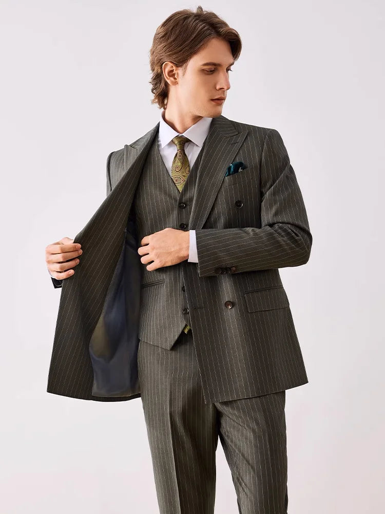 Herren Anzugset: Grüner Nadelstreifen, Slim Fit, Doppelreiher – Eleganz für Hochzeit & Business