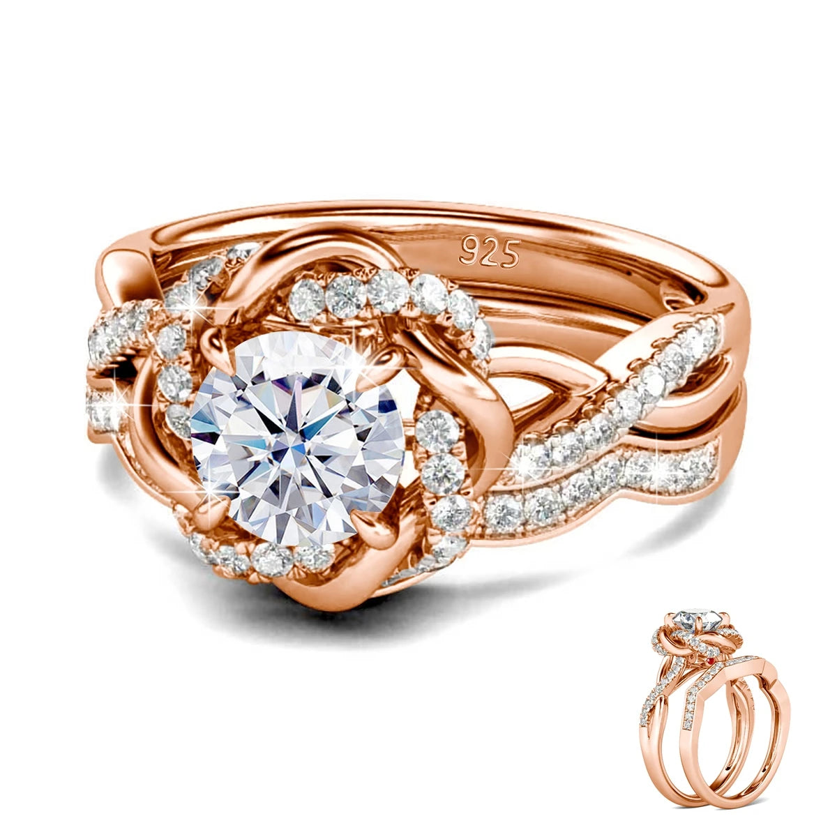 Damen-Ringe-Set aus 925 Sterling Silber mit Moissanit Steinchen und Blüten-Design für Verlobung und Hochzeit