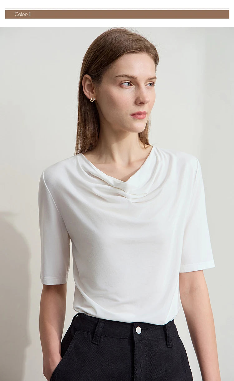 Damen T-Shirt mit drapierter Kragen- und besticktem Design aus modalem Strick