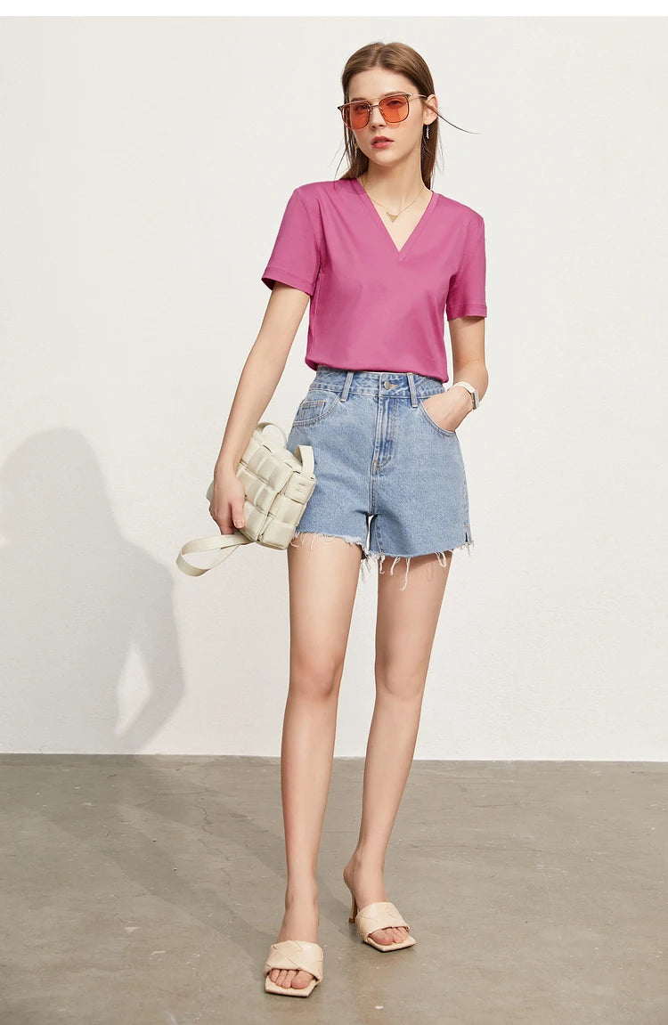 Damen Tops im Minimalismus-Stil mit V-Ausschnitt und kurzen Ärmeln