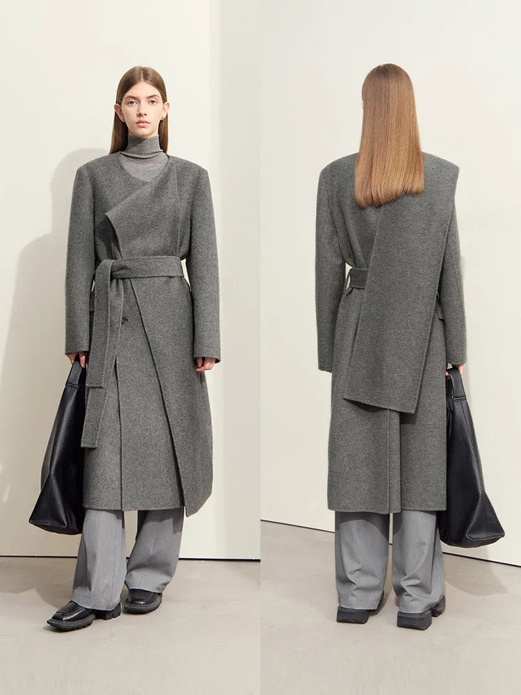 Damen Doppelseitiger Wollmantel mit asymmetrischem Schalkragen und Gürtel