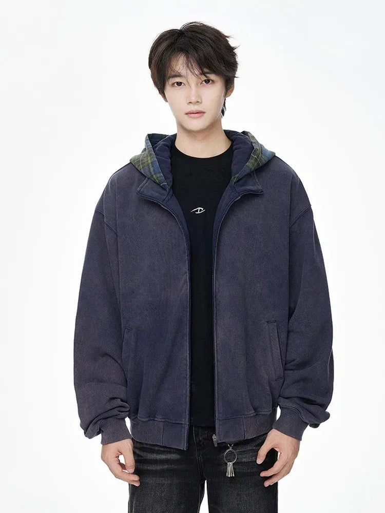 Herbst Plaid Zipper Mit Kapuze Sweatshirts Für Männer Y2K Vintage Streetwear Patchwork Jacken Weibliche Harajuku Mode Hoodies Mäntel