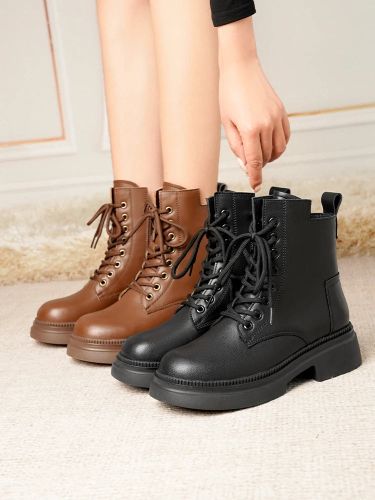 Damen Stiefeletten aus echtem Leder im Retro-Stil mit quadratischem Absatz