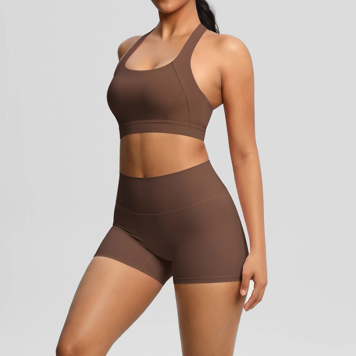Damen-Sportset mit Crop Top und Shorts, braun, nahtbetont