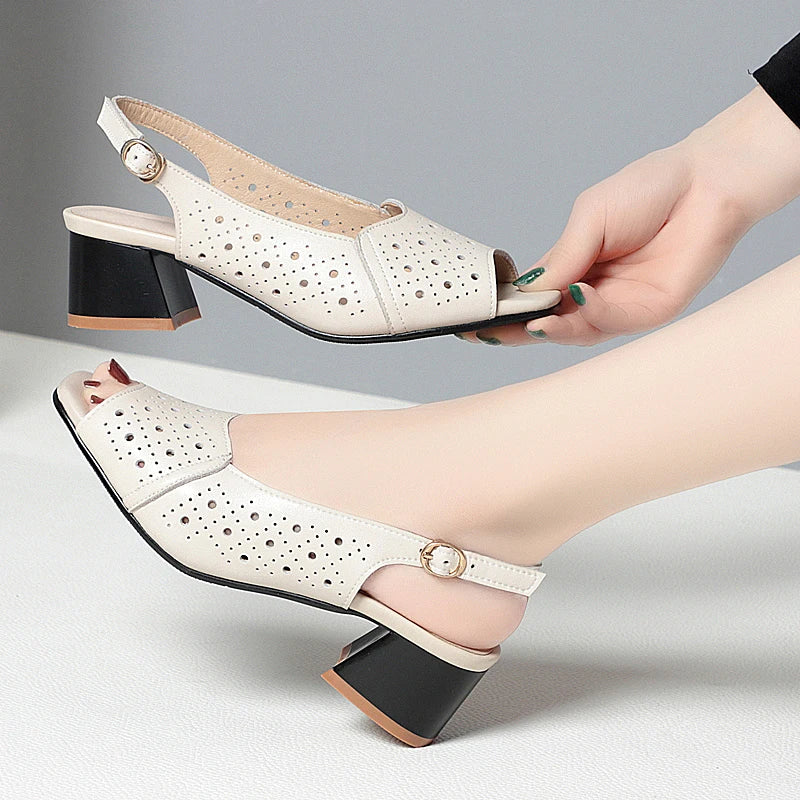 AIYUQI Sandalen für Damen, Sommer, 2022, neue Fishmouth-Sandalen aus echtem Leder, Blockabsatz, große Größe, Sandalen für Mütter mittleren Alters
