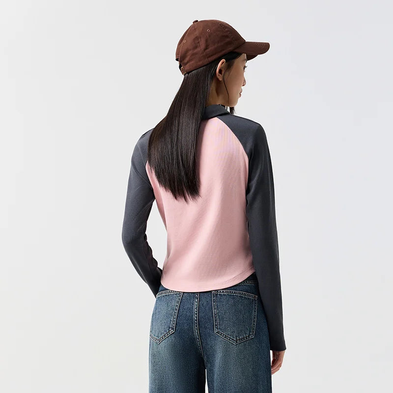 Semir Poloshirt für Damen, kurzer Stil, schmal, farbblockiert, Raglanärmel, 2024, Frühjahr, neues Oberteil mit Buchstabendruck